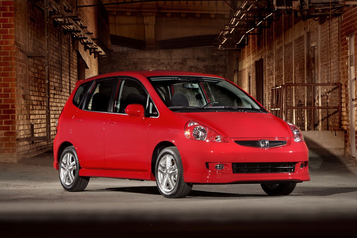 2008 Honda Fit Sport front three-quarter view, the first-generation hatchback recalled for the master power window switch fire risk