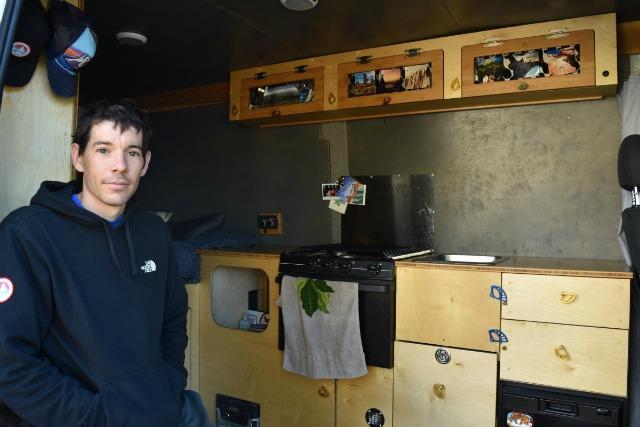 Alex Honnold and the conveniences of his van’s kitchen.