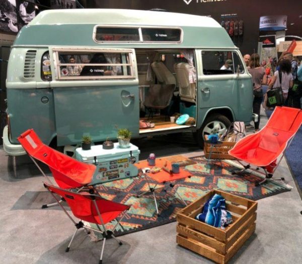 A 1976 Volkswagen Bus was used as part of the display for Helinox during Outdoor Retailer Summer Market in Denver.