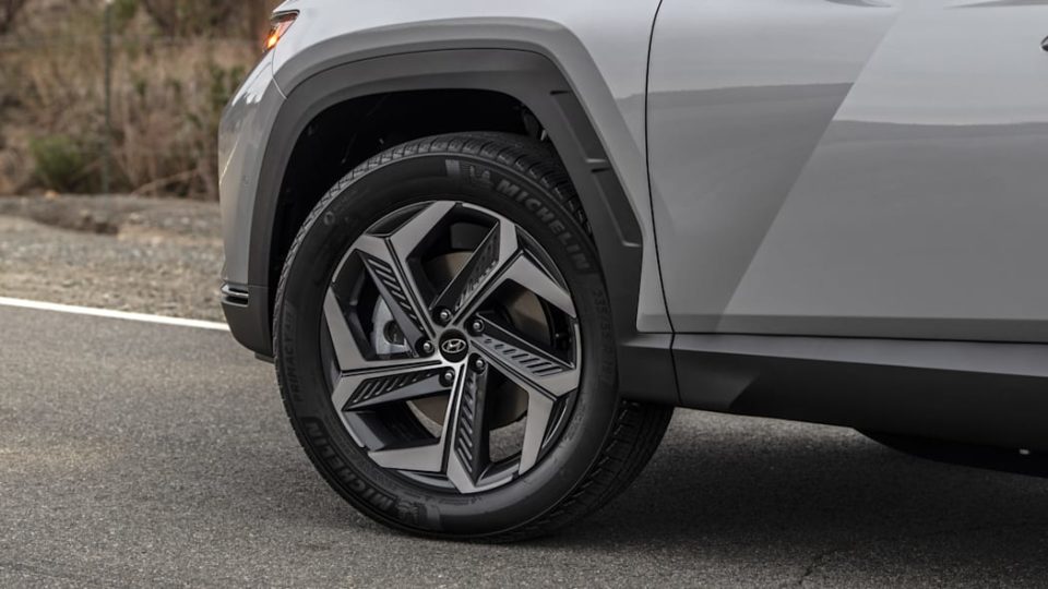 A unique wheel design is part of the sharp-angled, modern-edged exterior design of the 2022 Hyundai Tucson.