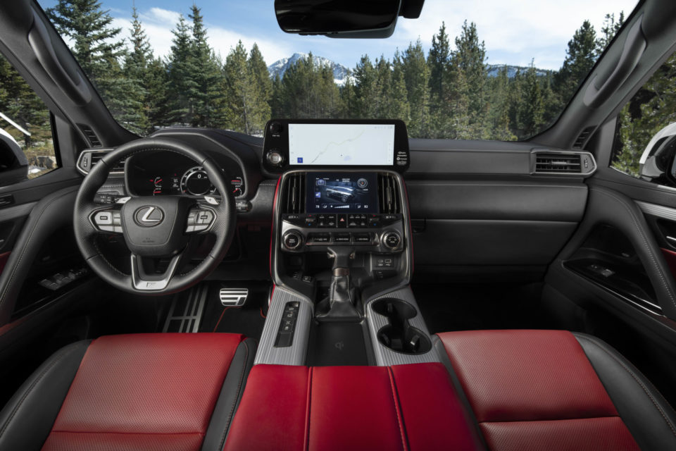 The interior of the 2022 Lexus LX 600 F-Sport trim adds a sporty appearance.