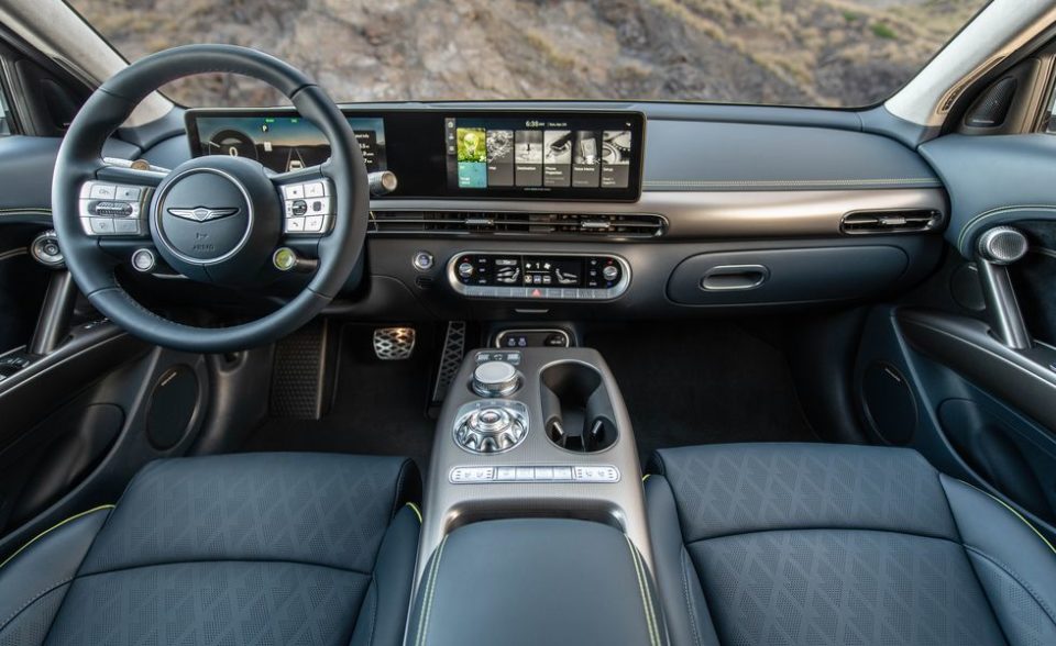 The interior materials of the 2023 Genesis GV60 are quilted upholstery and leather. Image courtesy of Genesis.