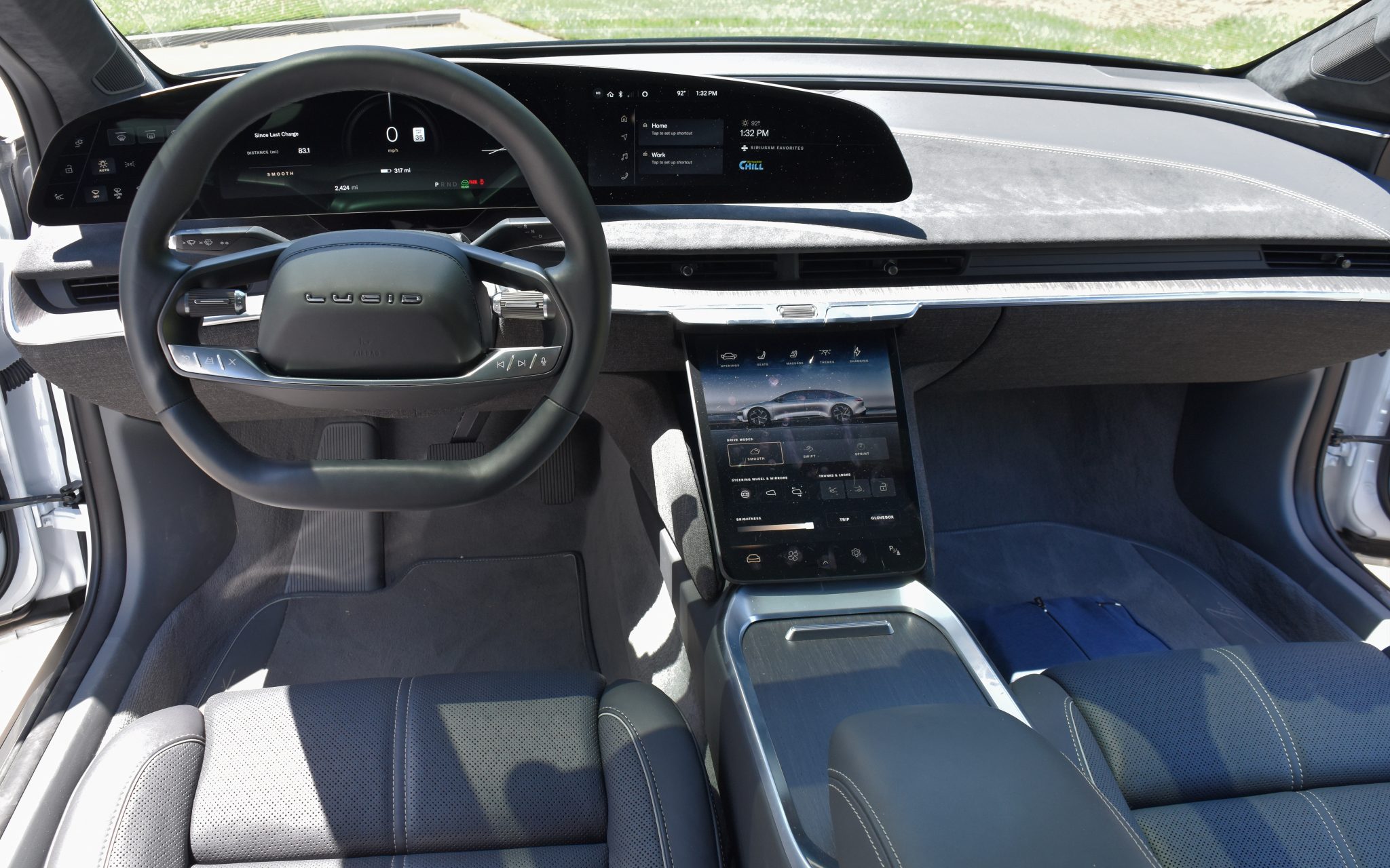 The interior of Lucid Air features Nappa leather and touchscreen functionality.