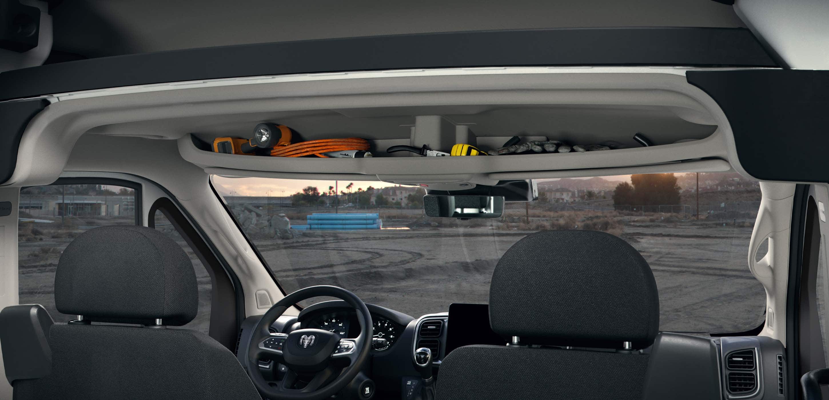 2025 RAM ProMaster headliner storage compartment above the cab for documents and small items