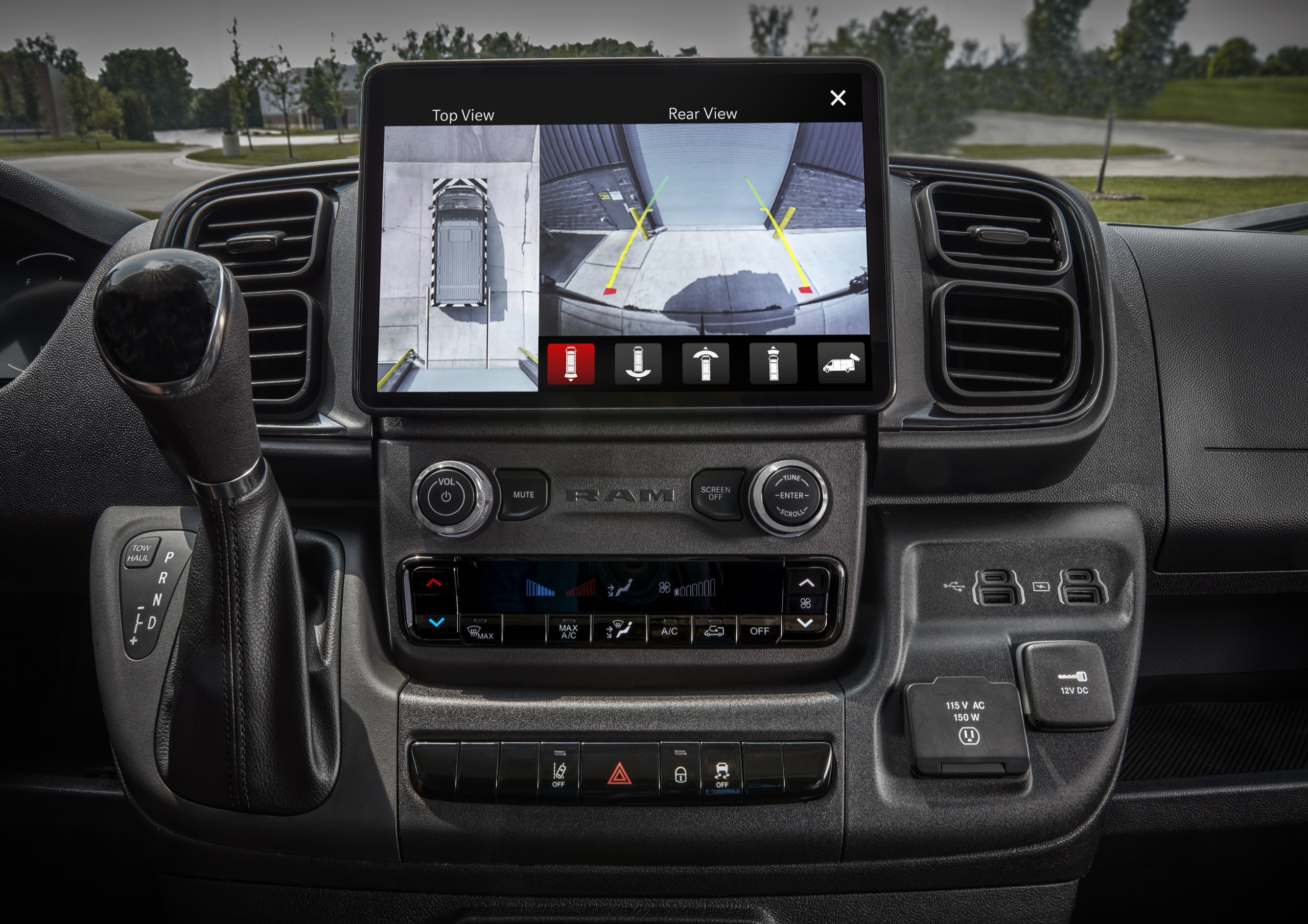 2025 RAM ProMaster Uconnect 5 touchscreen displaying surround-view camera system with top-down vehicle graphic