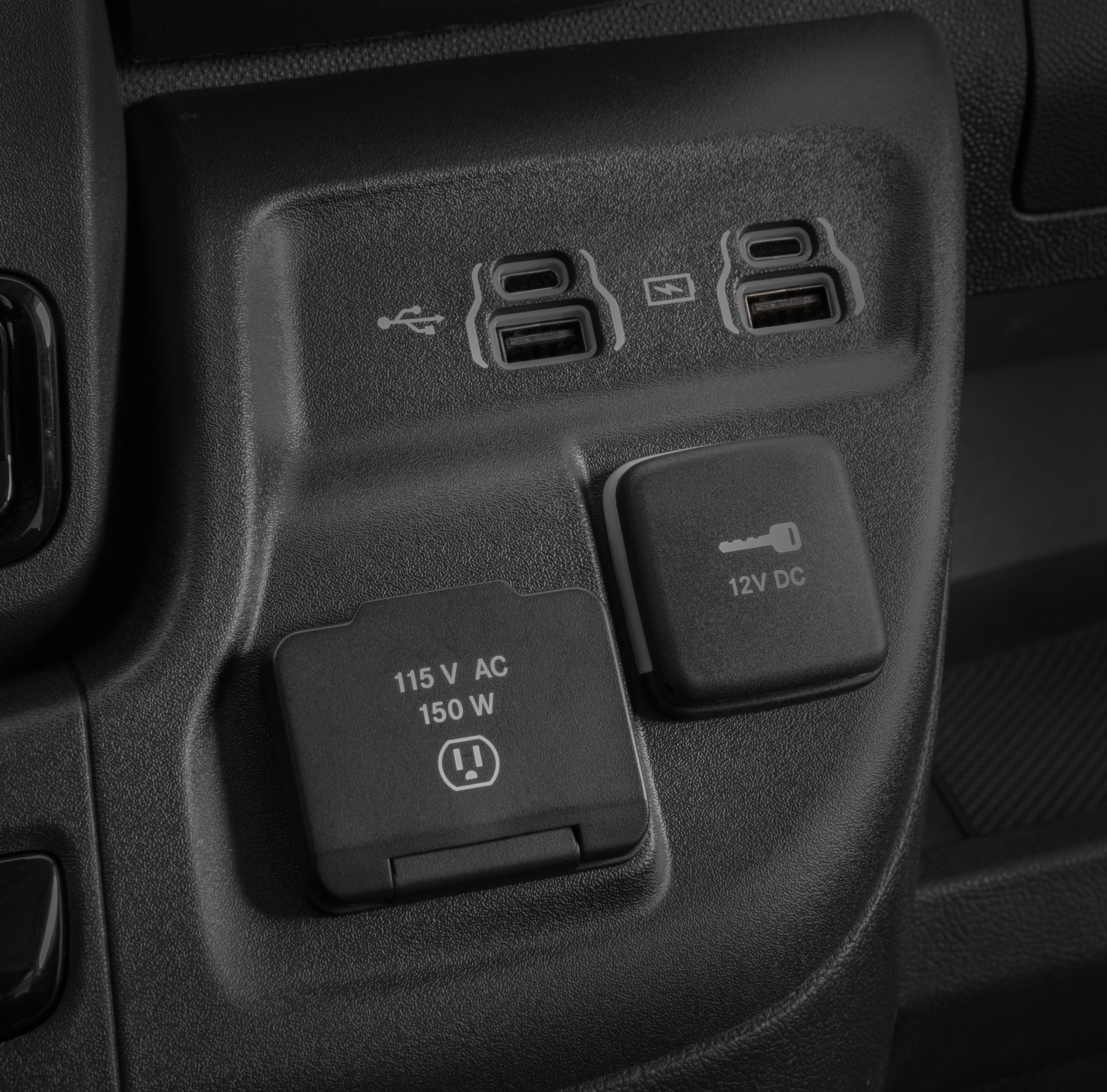 2025 RAM ProMaster standard 12V power outlet, USB outlet, and USB Type C fast-charging port in center console
