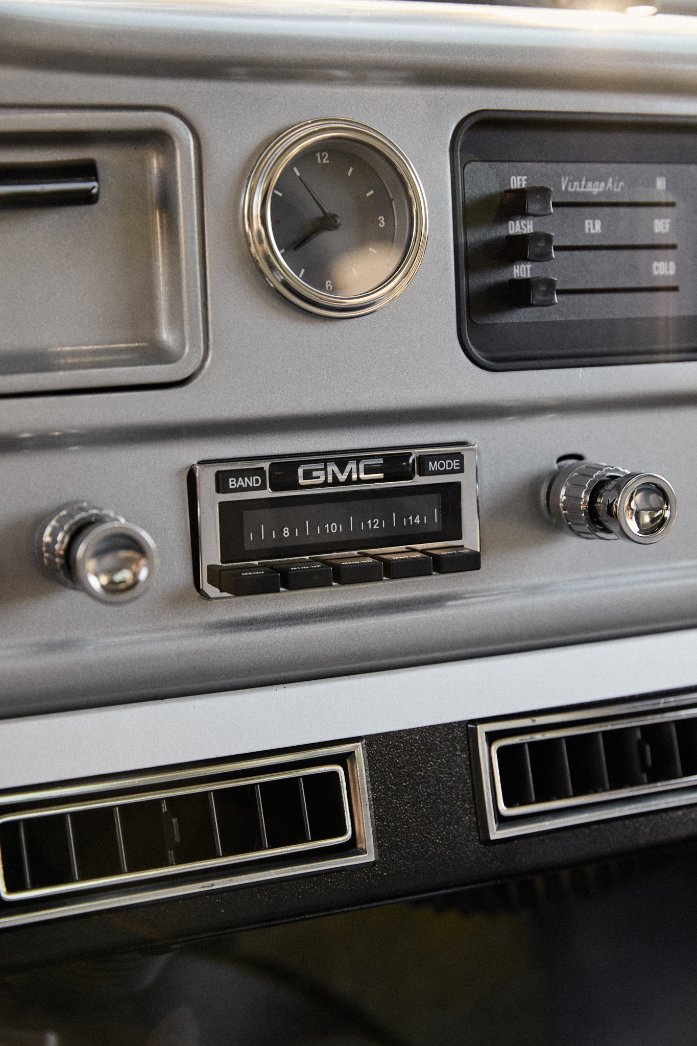 1963 GMC K1000 dashboard detail showing Classic Instruments gauges and Vintage Air controls