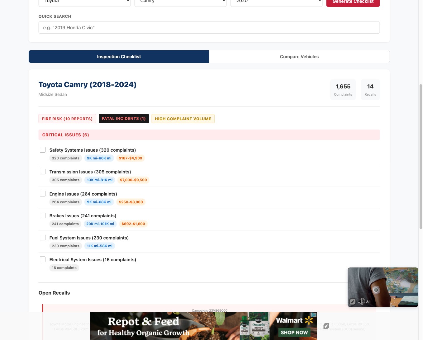 Toyota Camry inspection checklist showing critical issues with mileage onset and repair cost data