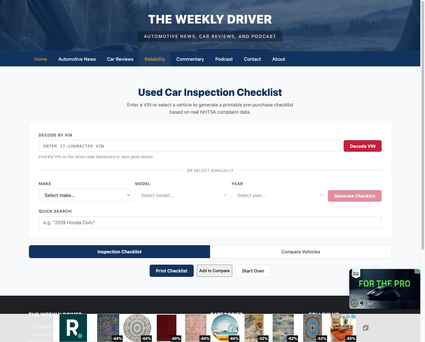 TWD inspection checklist generator showing VIN decode and vehicle selection options