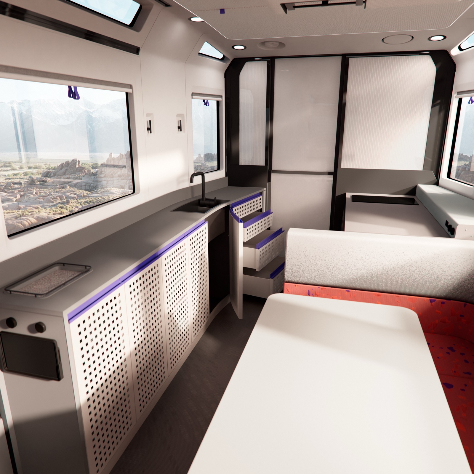 Lightship AE.1 interior showing kitchen, lounge seating, and panoramic windows in Camp Mode