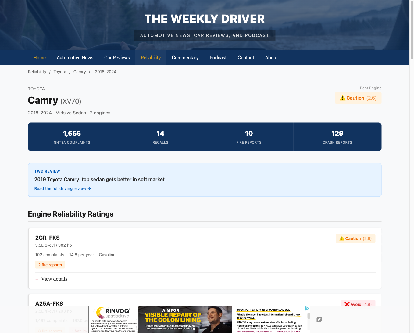 Toyota Camry 2018-2024 detail page showing engine-specific ratings, recall history, and complaint breakdown