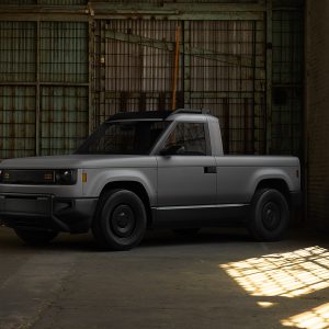 2026 Slate truck front three-quarter view in industrial warehouse setting