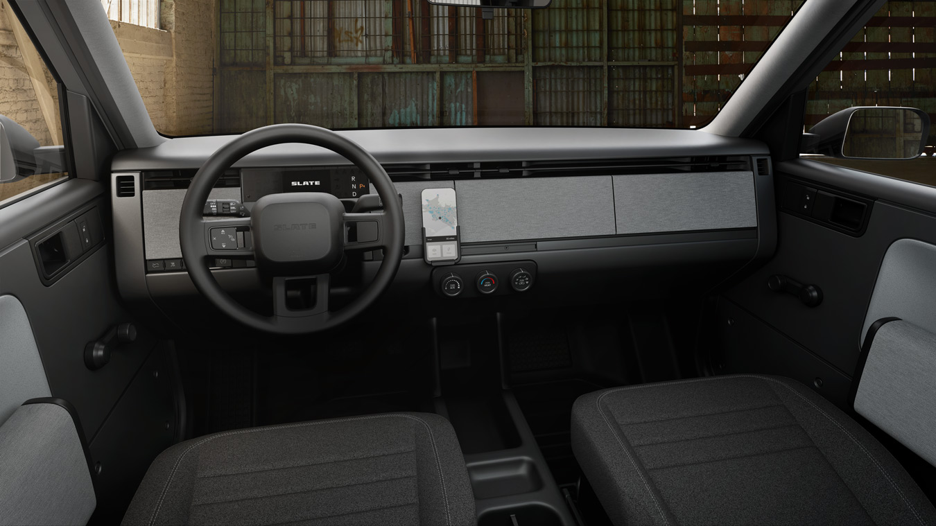 2026 Slate truck interior showing minimalist dashboard with phone mount and simple controls