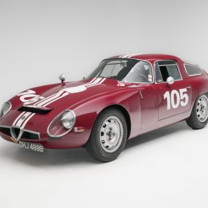 1964 Alfa Romeo Giulia TZ front three-quarter view, red with race number 105