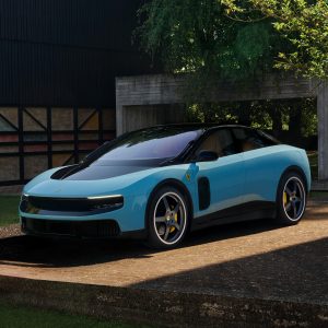 2026 Ferrari Luce front three-quarter alternate view in yellow, the first all-electric Ferrari unveiled in Rome on May 25, 2026