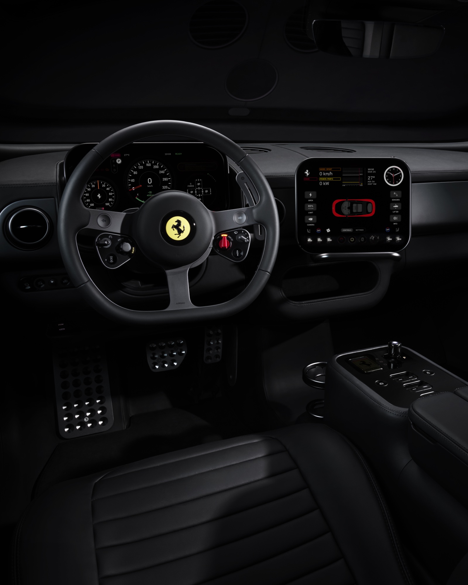 2026 Ferrari Luce interior cockpit showing the steering wheel, two Samsung OLED panels, glass shifter, and center console designed by LoveFrom and Ferrari Design Studio