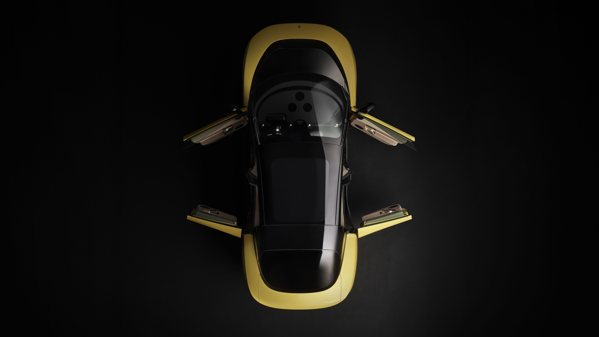 2026 Ferrari Luce viewed from directly overhead in Giallo Luce yellow with all four doors open, showing the rear-hinged coach doors that are a Ferrari first