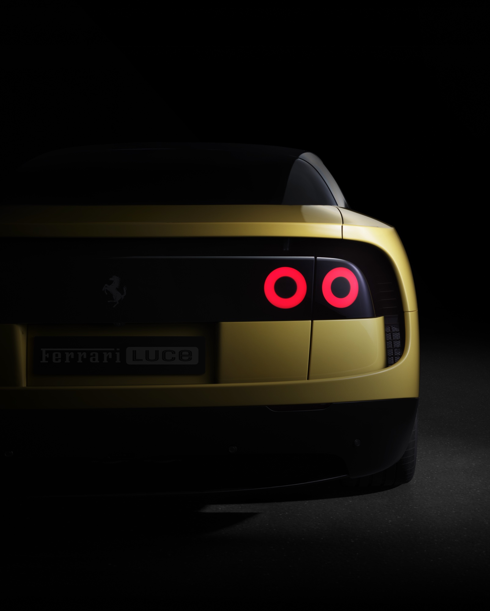 2026 Ferrari Luce rear close-up in Giallo Luce yellow showing the halo tail lights illuminated and the Ferrari LUCE badge