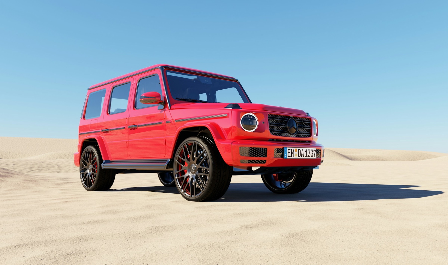 Mercedes-Benz G550 in bright red parked on desert sand, the upright body-on-frame silhouette in the celebrity-Instagram color and setting that defines its buyer DNA