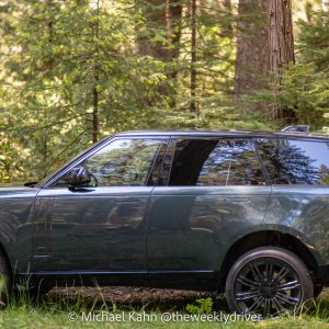 2026 Range Rover SE SWB P400 in Belgravia Green photographed in side profile against a Sierra pine forest, the standard-wheelbase body in full broadside view