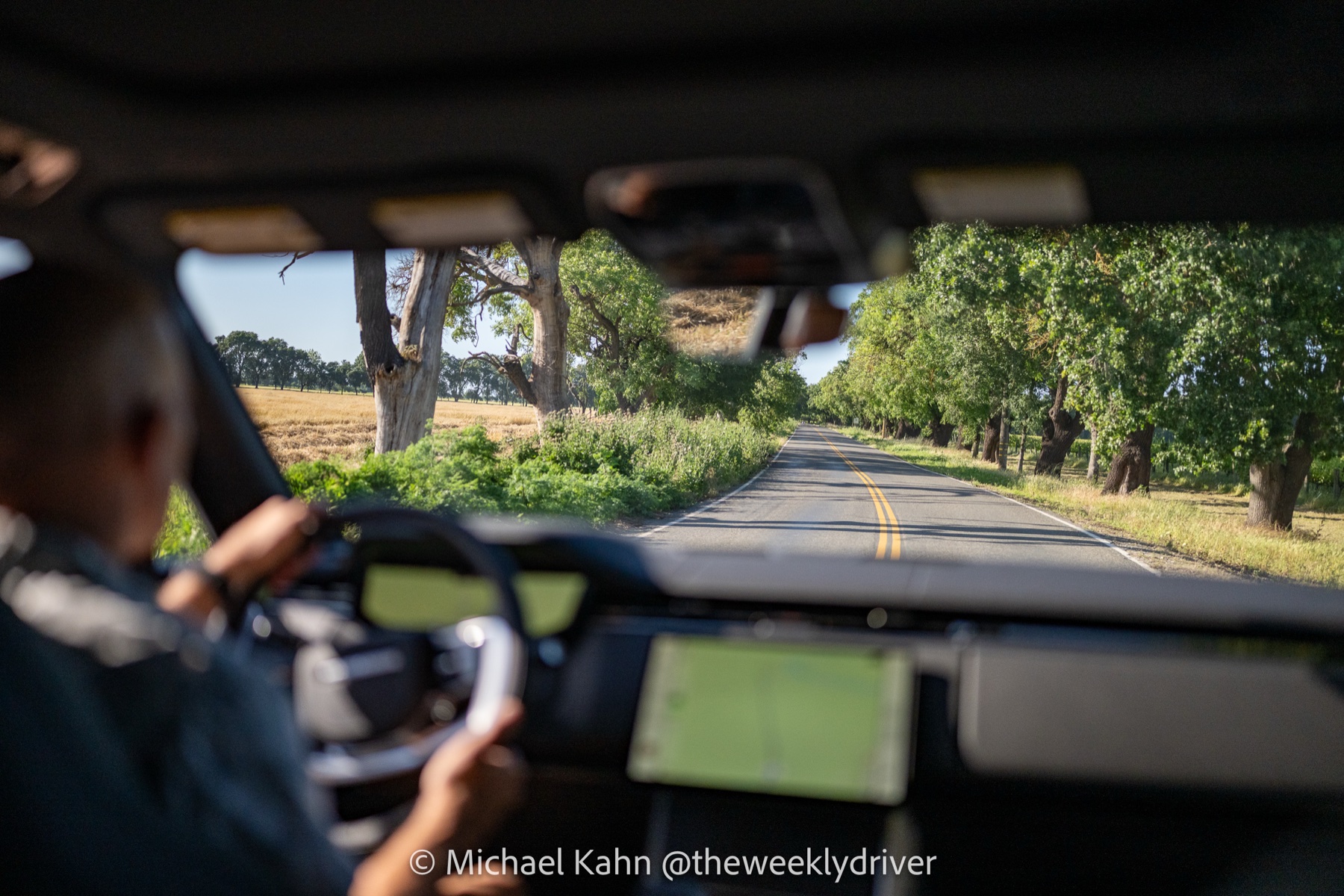 Driver-perspective view through the 2026 Range Rover windshield down a tree-lined two-lane country road with vineyards on the right