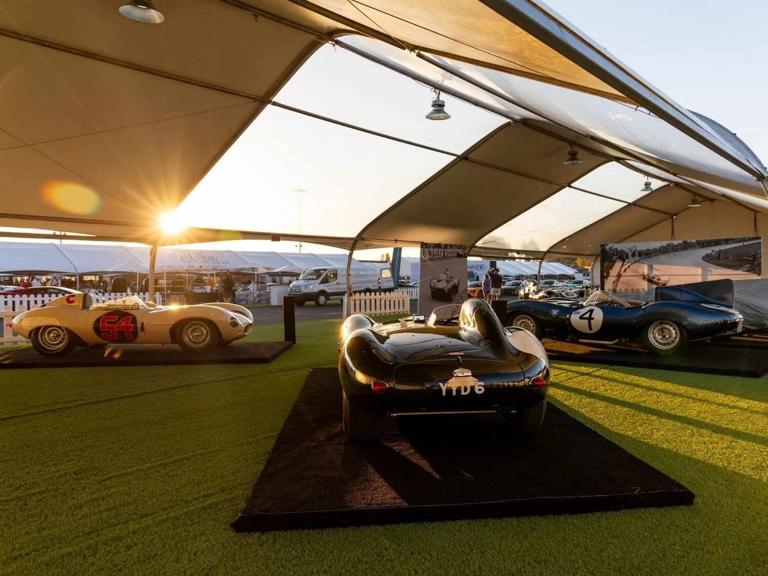 Jaguar D-types and a vintage sports racer staged in the paddock at sunset under white tents at Velocity Invitational