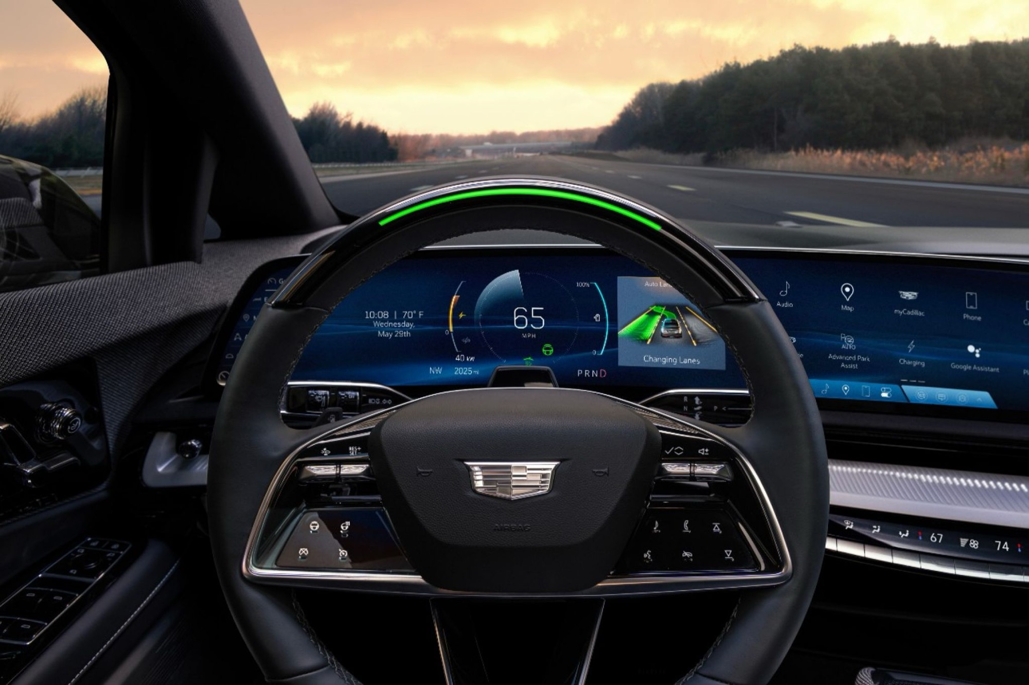 The Cadillac Optiq instrument panel and driver display, below the base of the windshield where the foam seal sits