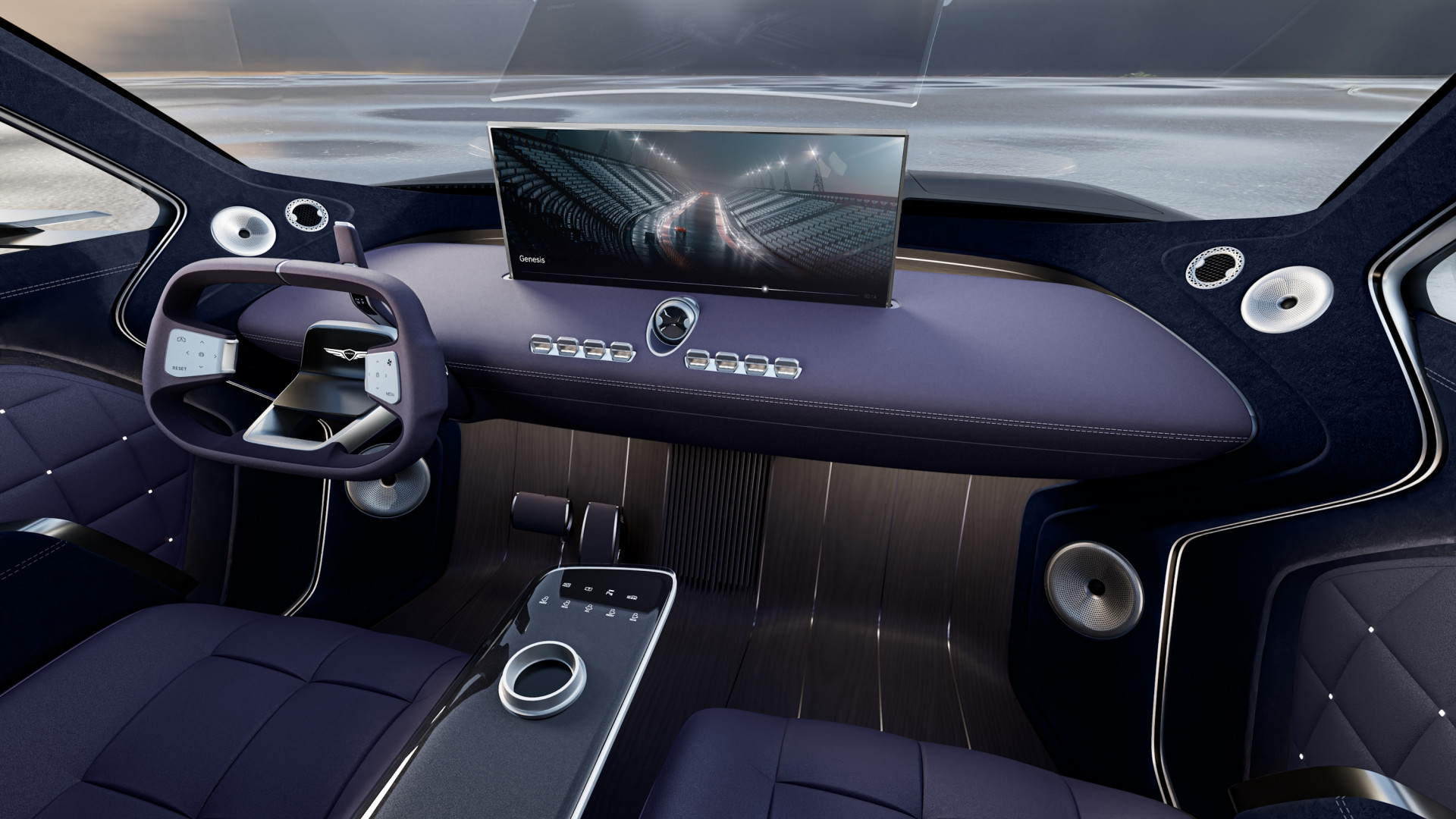 The Genesis Neolun concept dashboard with a wide freestanding display and a rotating gear-selector sphere on the console