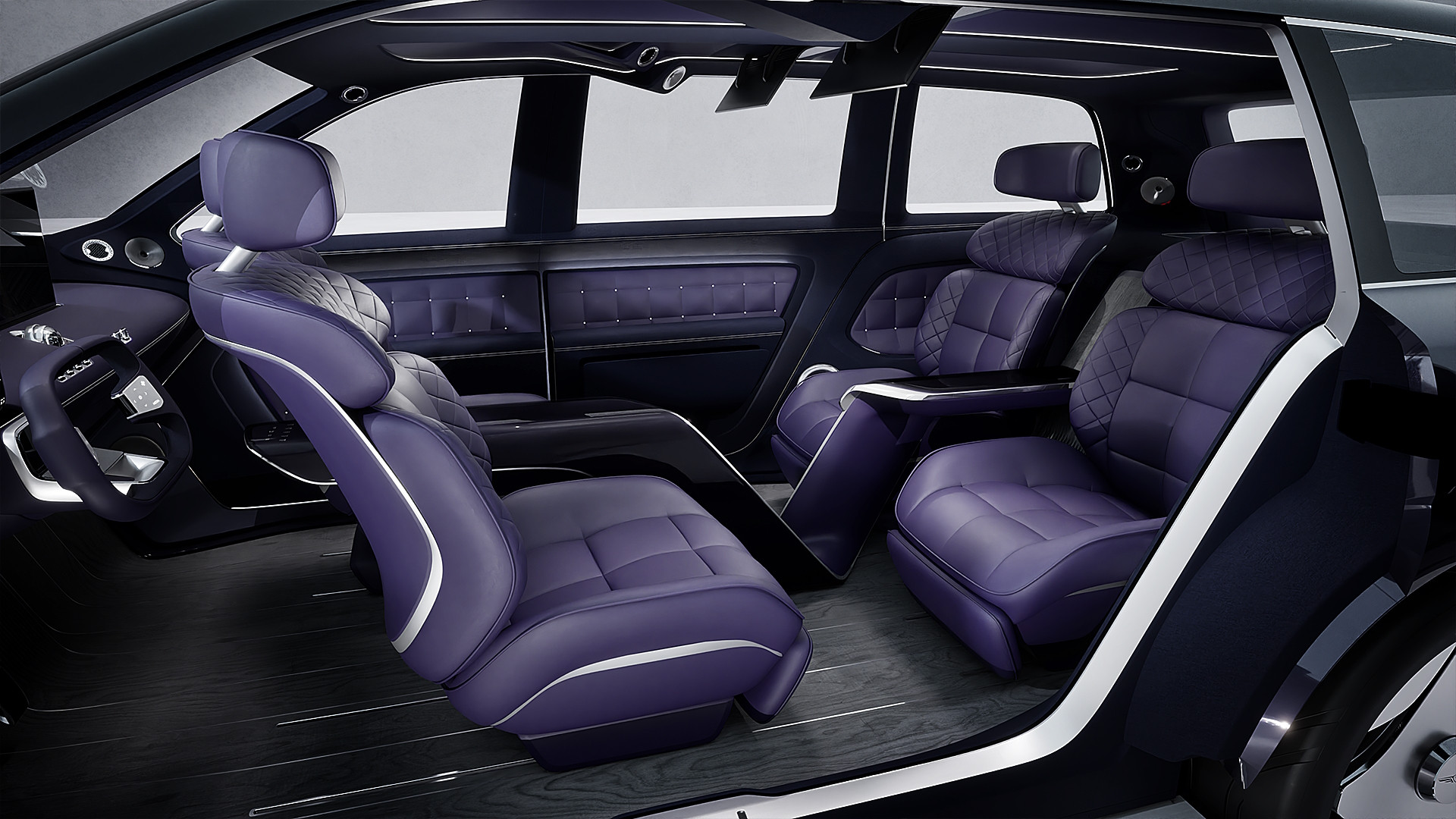 The Genesis Neolun concept interior with the pillarless coach doors open, showing four individual quilted lounge seats