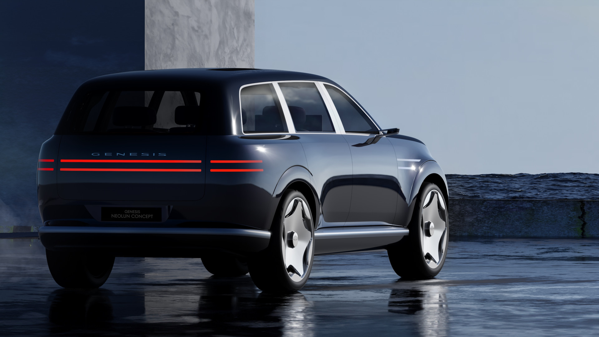 Rear three-quarter view of the Genesis Neolun concept, showing its twin-line taillights and a plate reading Genesis Neolun Concept