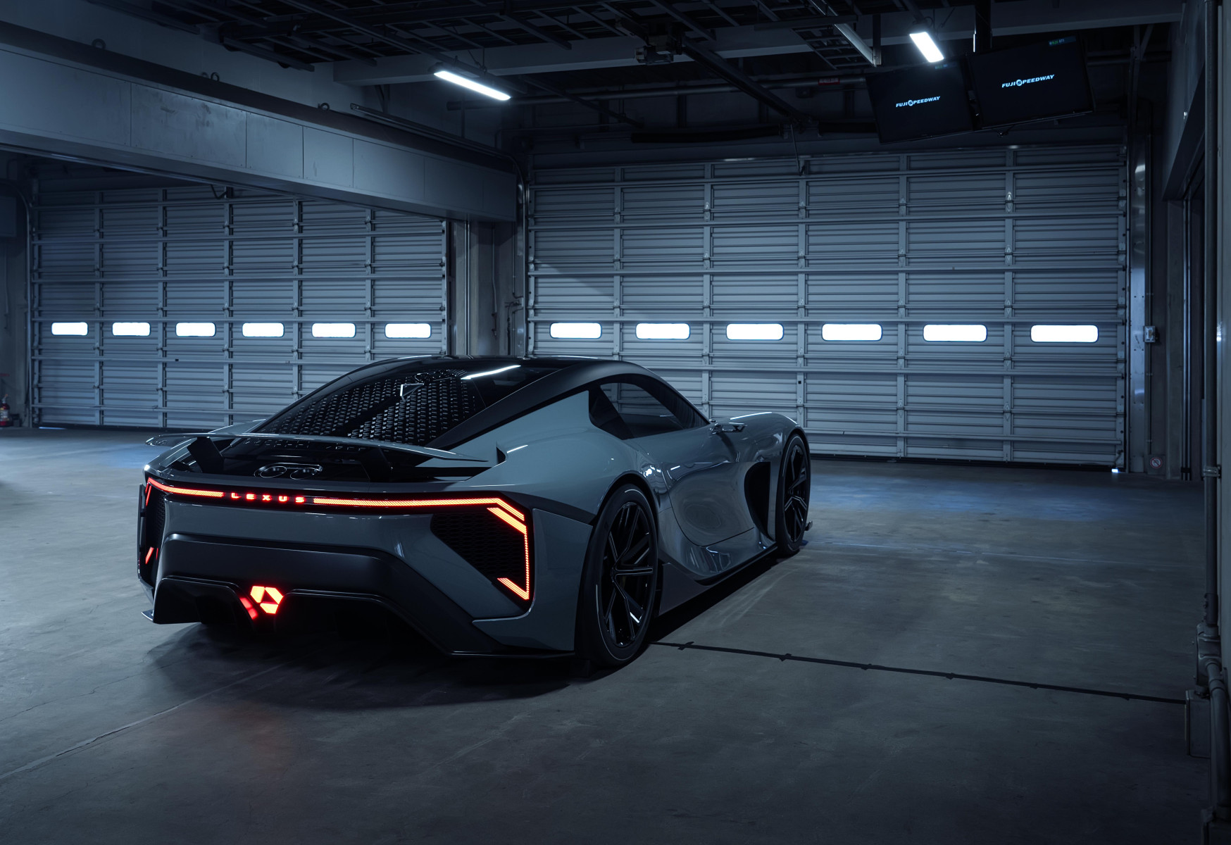 Lexus LFA Concept battery-electric supercar in grey, rear three-quarter view