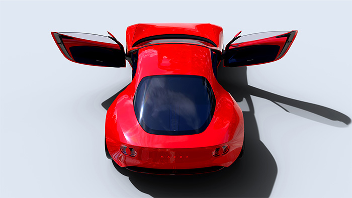 Mazda Iconic SP concept, a low red sports car with a rotary-electric powertrain, shown for contrast