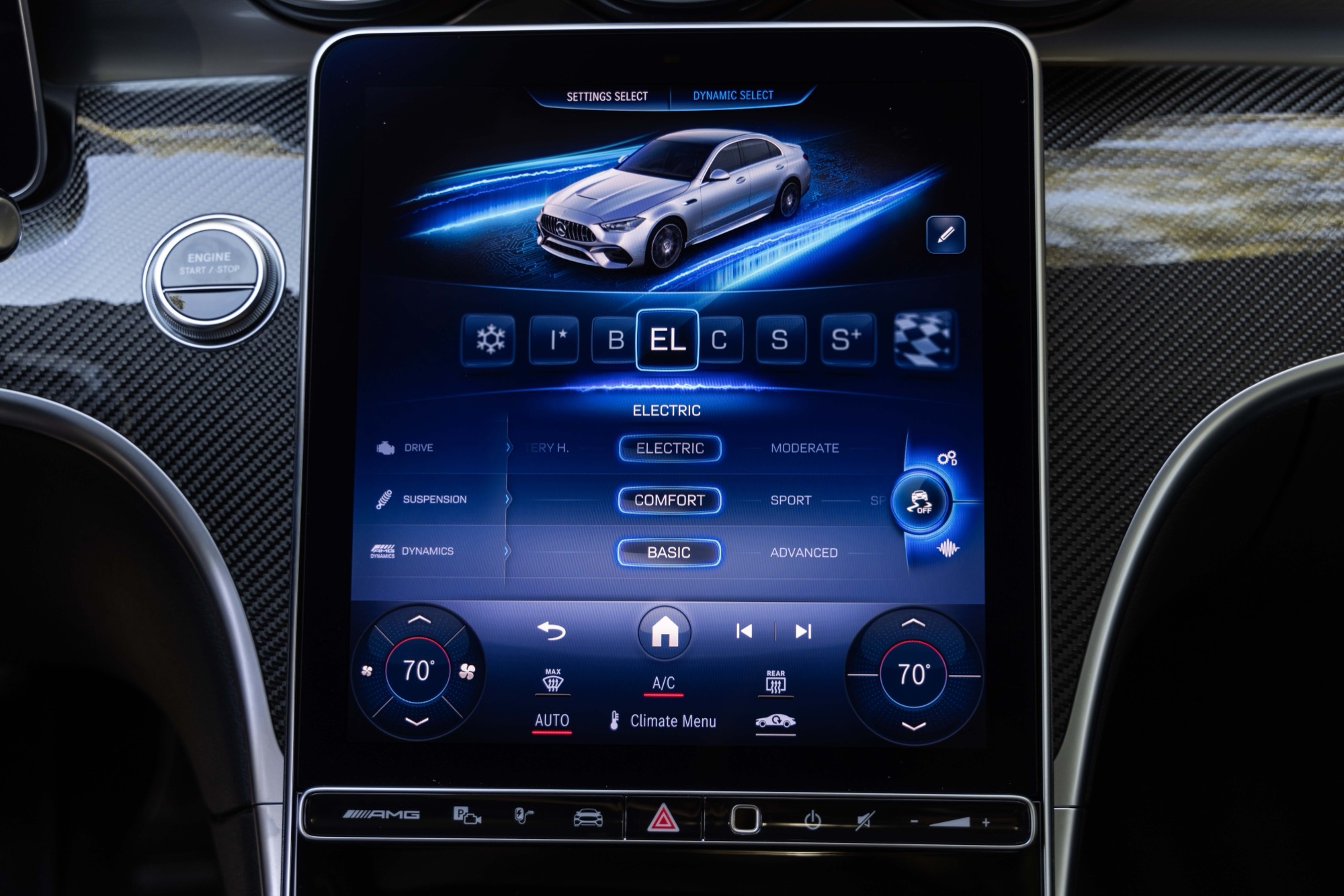 The Mercedes-AMG C 63 S E Performance drive-mode screen with electric mode selected
