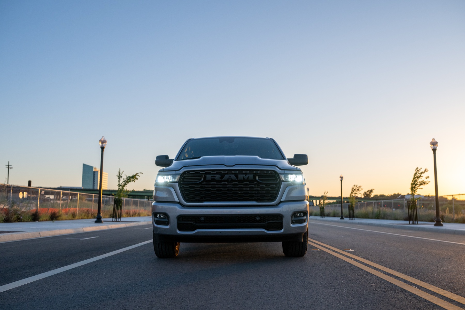 2026 RAM 1500 Express Billet Silver: Front fascia at golden hour