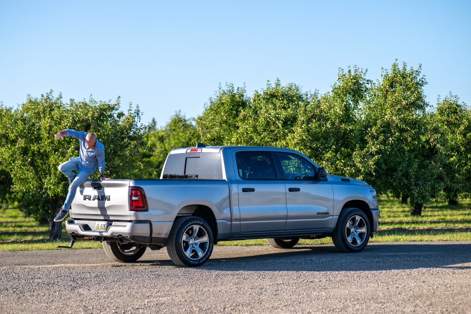2026 RAM 1500 Express Billet Silver: Tailgate down in the orchard