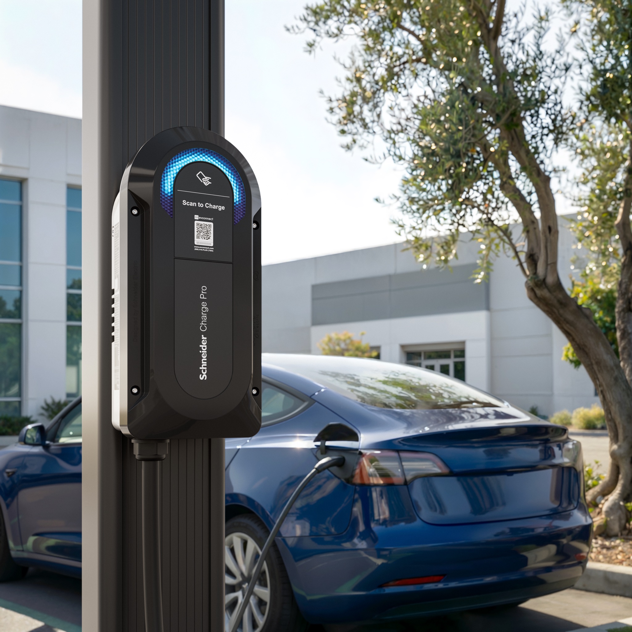 Close-up of a Schneider Charge Pro charger's illuminated Scan to Charge QR panel, with a blue sedan charging in the background