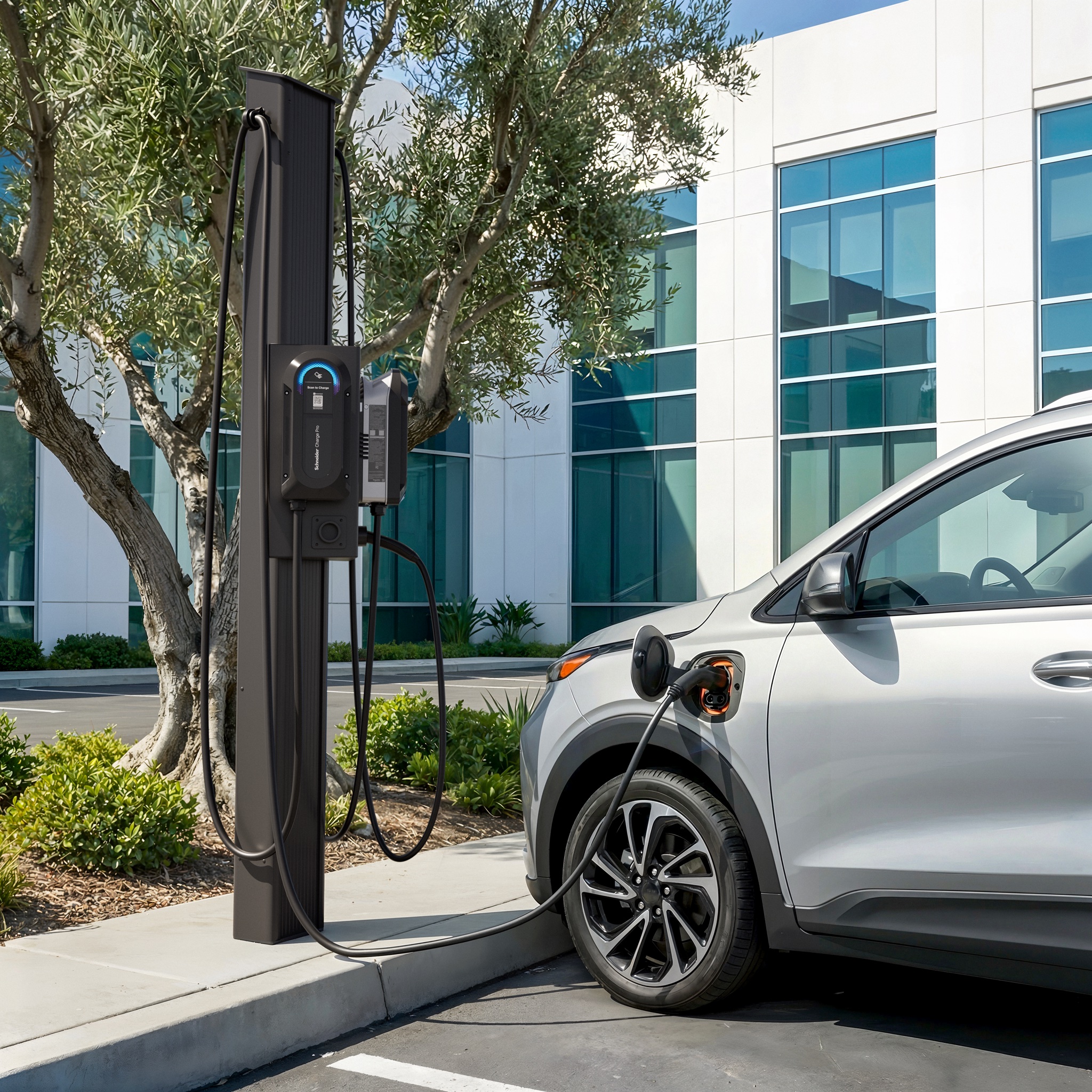 A pedestal-mounted Schneider Charge Pro charger at a workplace parking lot charging a white Chevrolet Bolt EUV outside an office building