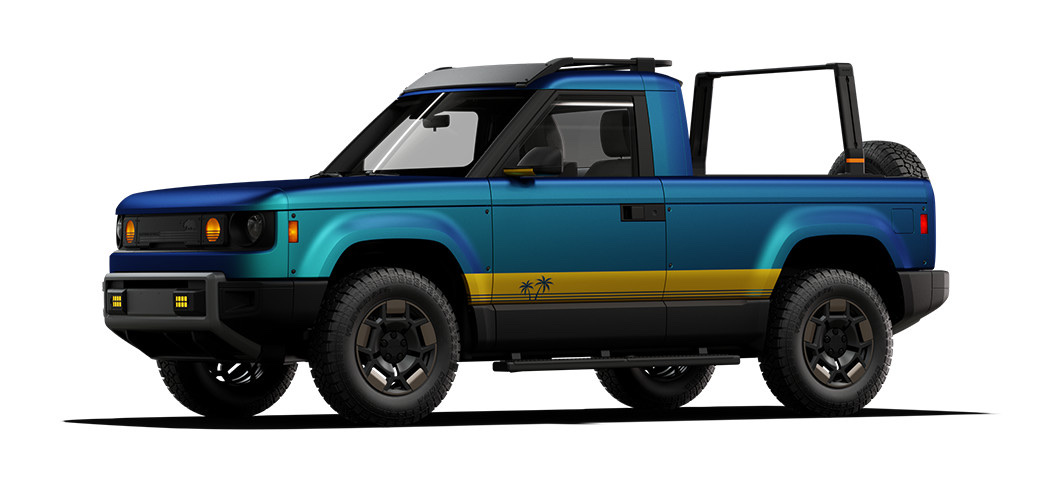 Slate Truck in a blue Cali Sunset wrap with an open-air roof, showing the factory wrap and open-top options