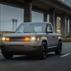 2027 Slate Truck in gray injection-molded body panels, the base electric pickup that starts at $24,950 before options