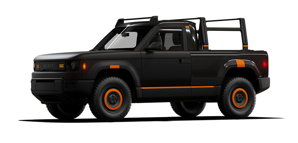 Slate Truck in black with orange accents, roof rack, and bed rack, an accessorized configuration