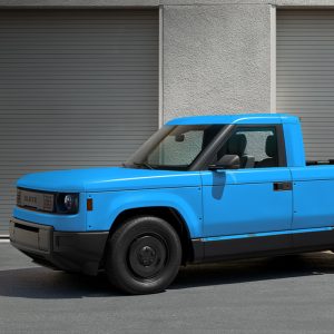 Slate Truck electric pickup in blue Crayola Cerulean vinyl wrap from the Slate x Crayola collaboration
