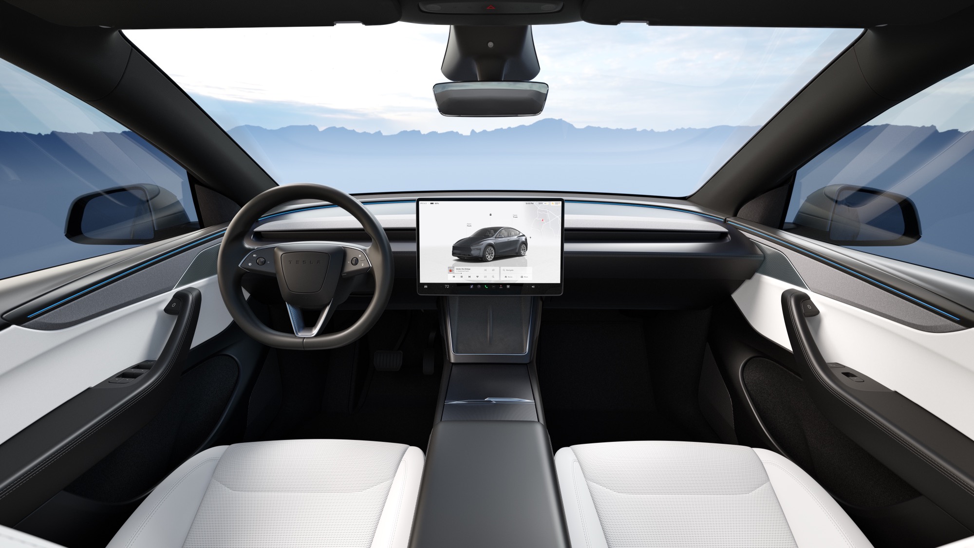 The 2026 Tesla Model Y Premium interior in white, showing the central touchscreen and yoke-free steering wheel