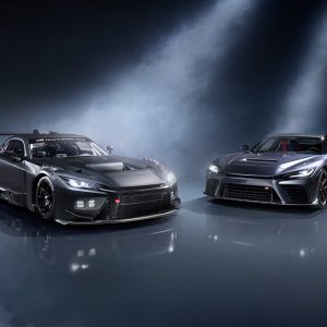 The road-going Toyota GR GT, right, alongside the GR GT3 race car, both revealed by Toyota in December 2025
