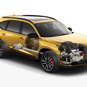 Cutaway view of a 2023 Acura MDX Type S showing the SH-AWD powertrain, with the propshaft running from the transaxle back to the rear differential
