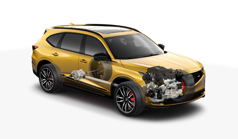 Home 1 Cutaway view of a 2023 Acura MDX Type S showing the SH-AWD powertrain, with the propshaft running from the transaxle back to the rear differential