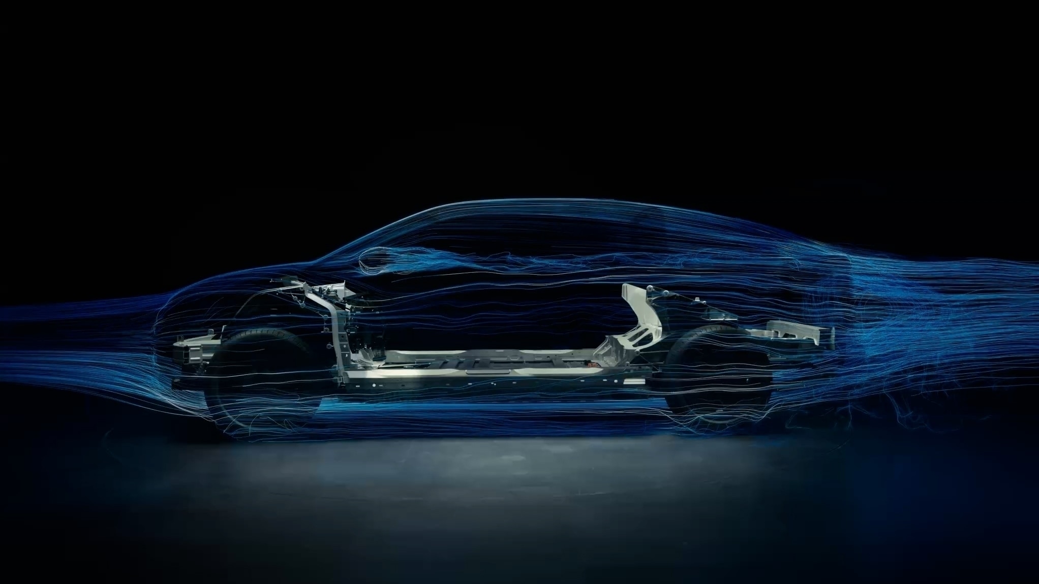 Airflow visualization over Ford's Universal EV skateboard platform, the architecture underpinning the Fathom electric pickup