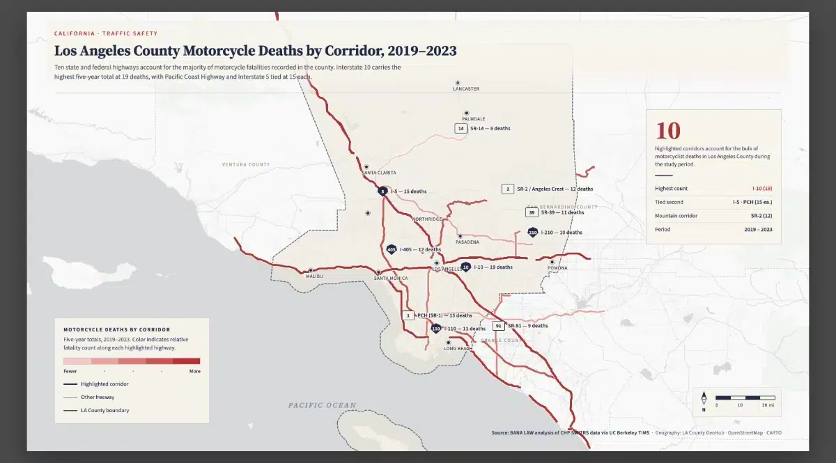 California's Deadliest Roads for Motorcyclists Run Through Riverside County 3 Map of Los Angeles County highways showing motorcycle deaths by corridor from 2019 to 2023