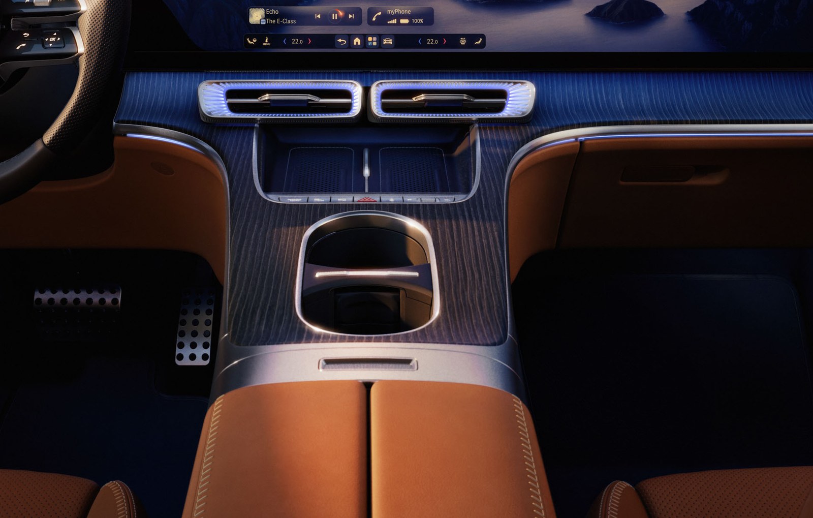 Close view of the new hard-key control strip on the center console of the electric Mercedes-Benz GLC, with the red hazard warning switch at its center