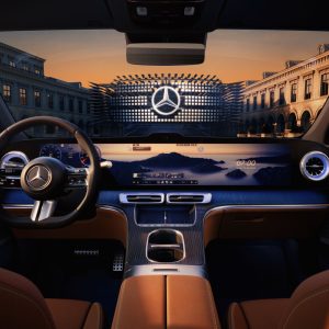 Interior of the all-new electric Mercedes-Benz GLC showing the 39.1-inch MBUX Hyperscreen running pillar to pillar above the center console