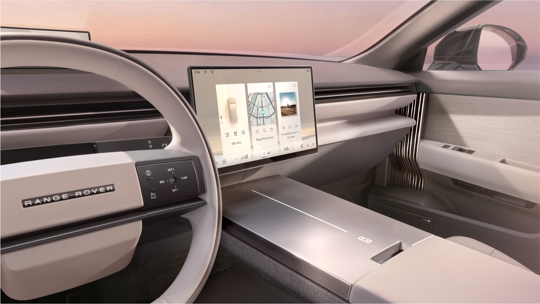 Range Rover GT interior showing the single central touchscreen, slim driver display, woven textile dashboard and concealed full-width air vent